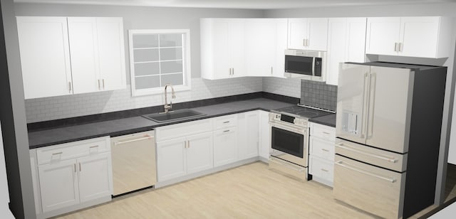 kitchen with dark countertops, light wood-type flooring, white cabinets, a sink, and premium appliances