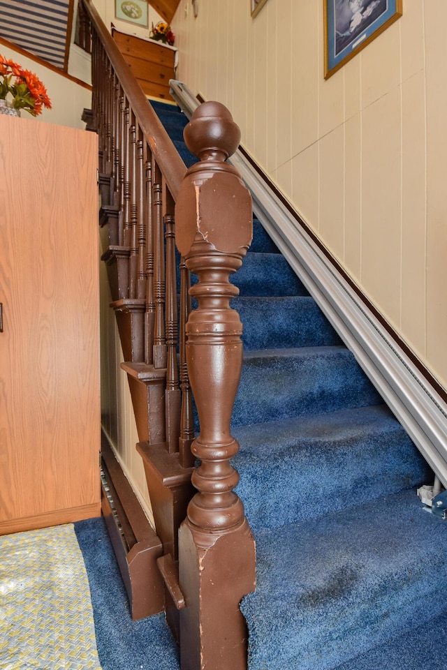 stairway featuring carpet flooring