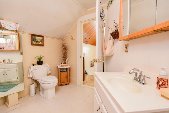 bathroom featuring vanity, toilet, and vaulted ceiling