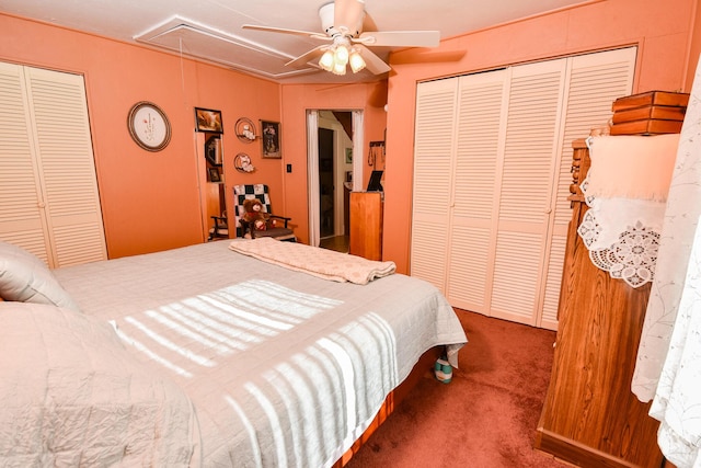 carpeted bedroom with a closet and ceiling fan