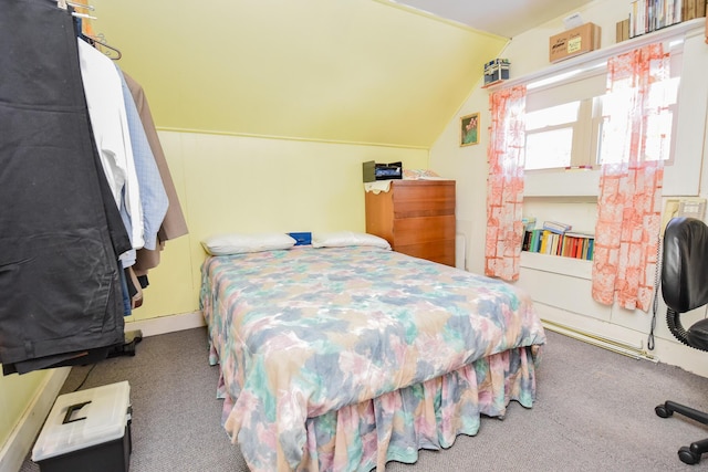 bedroom featuring lofted ceiling and carpet