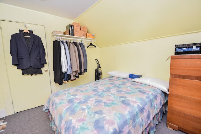 bedroom with carpet floors, vaulted ceiling, and a closet