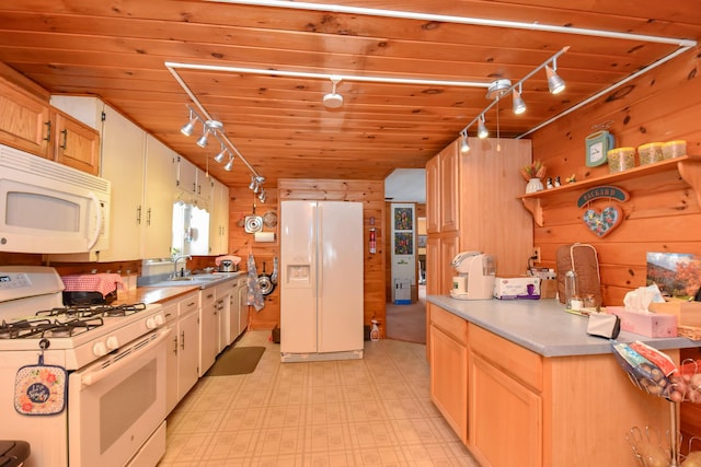 kitchen with sink, white appliances, rail lighting, decorative light fixtures, and wood walls