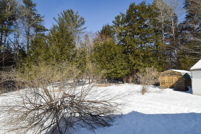 yard layered in snow featuring an outdoor structure