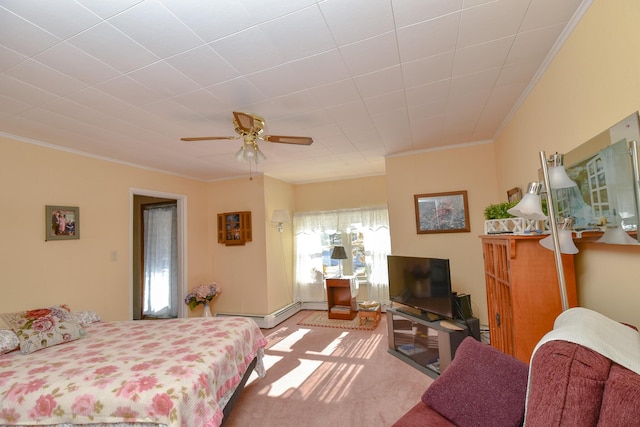 bedroom featuring a baseboard radiator, ornamental molding, and ceiling fan