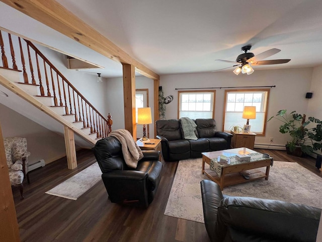 living room featuring ceiling fan, a baseboard heating unit, and dark hardwood / wood-style flooring