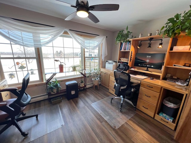 home office featuring dark hardwood / wood-style floors and ceiling fan