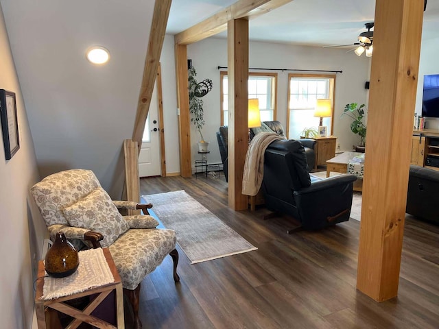 living room featuring beamed ceiling, a baseboard heating unit, dark wood-type flooring, and ceiling fan