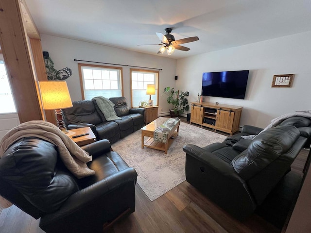 living room featuring ceiling fan, dark hardwood / wood-style flooring, and a wealth of natural light