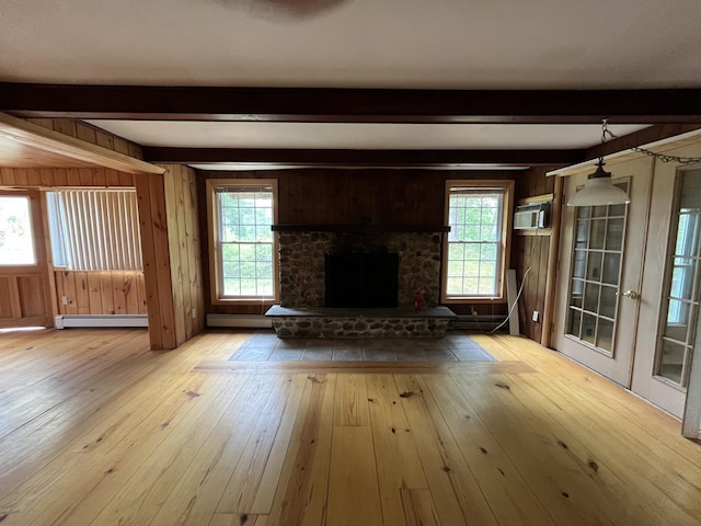 83 River Rd, Hiram, ME 04041 - unfurnished living room featuring a baseboard radiator, beam ceiling, wood-type flooring, plenty of natural light, and wood walls