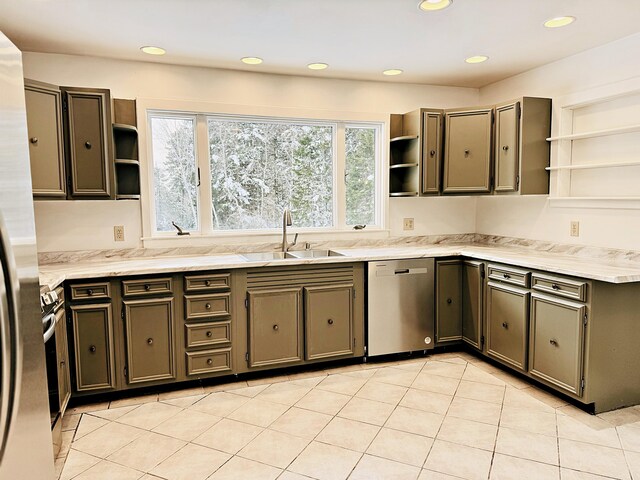 kitchen with stainless steel appliances, a sink, recessed lighting, gray cabinets, and open shelves