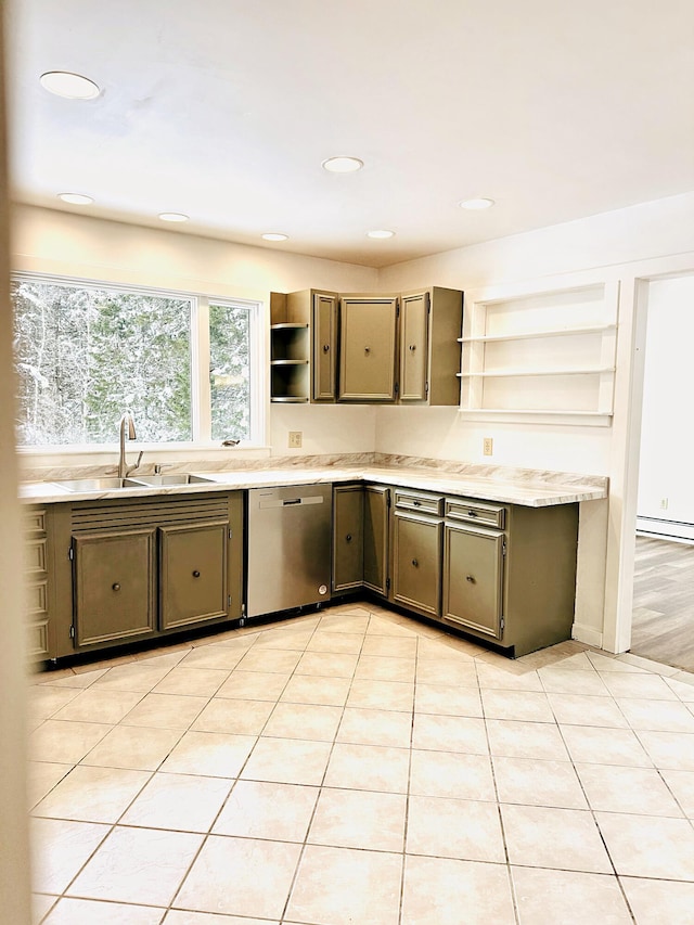 kitchen featuring open shelves, dishwasher, a sink, and baseboard heating