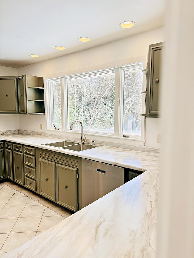 kitchen featuring open shelves, stainless steel dishwasher, a sink, light tile patterned flooring, and light stone countertops