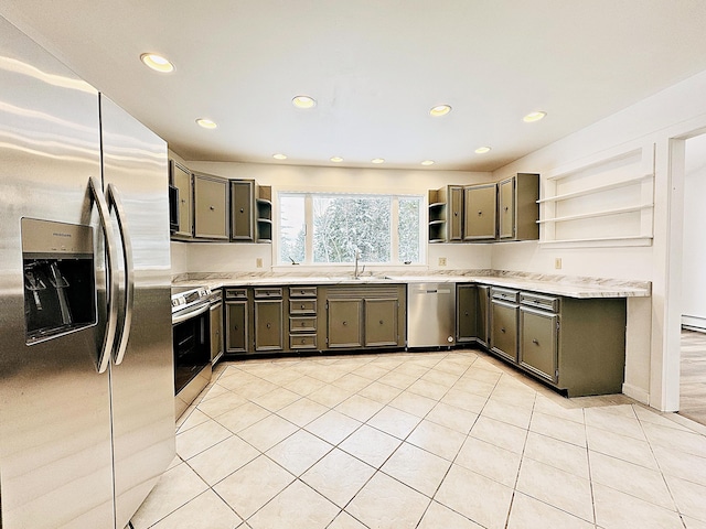 kitchen featuring open shelves, appliances with stainless steel finishes, light tile patterned floors, and recessed lighting