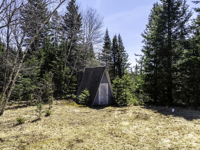 view of yard with a storage unit, an outdoor structure, and a view of trees