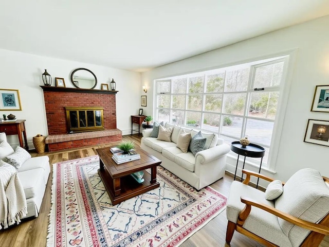 living area featuring wood finished floors and a fireplace