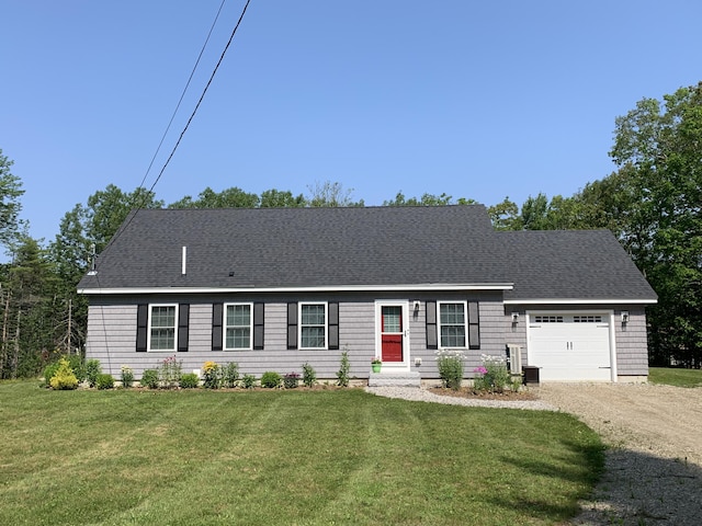 26 Townsend Ln, Boothbay, ME 04537 - ranch-style house featuring a garage, dirt driveway, roof with shingles, and a front yard