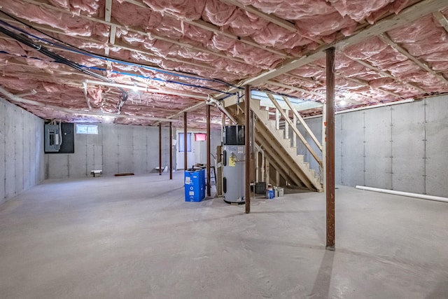 26 Townsend Ln, Boothbay, ME 04537 - unfinished basement featuring water heater, electric panel, and stairway