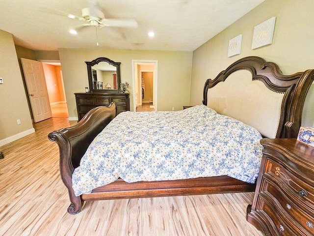 bedroom with light wood finished floors, ceiling fan, baseboards, and recessed lighting