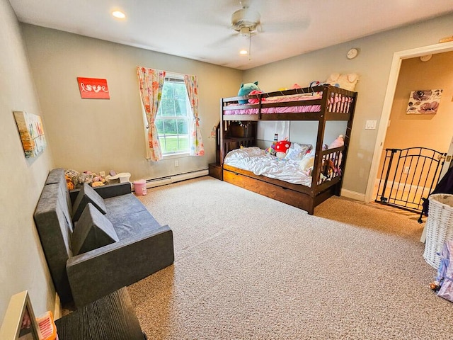 bedroom featuring carpet, recessed lighting, baseboard heating, ceiling fan, and baseboards