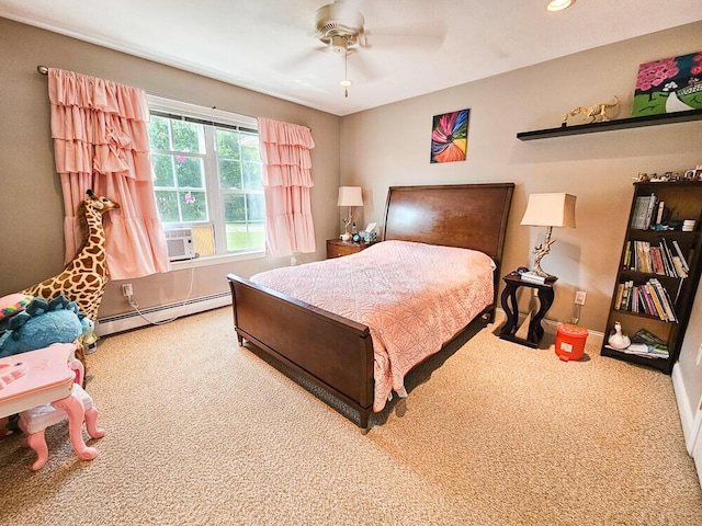 carpeted bedroom featuring a baseboard heating unit, recessed lighting, a ceiling fan, and baseboards