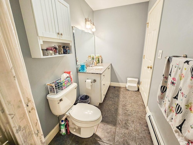 full bathroom featuring baseboards, toilet, baseboard heating, vanity, and a baseboard heating unit