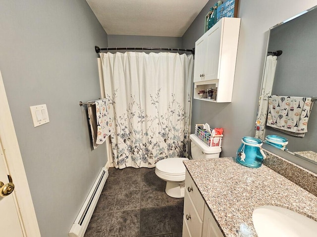 full bathroom with toilet, baseboard heating, and vanity