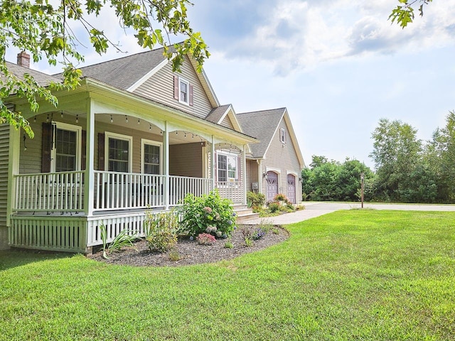 view of front facade with a porch, roof with shingles, and a front yard