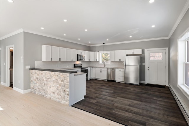 kitchen featuring white cabinetry, baseboard heating, dark hardwood / wood-style flooring, kitchen peninsula, and stainless steel appliances