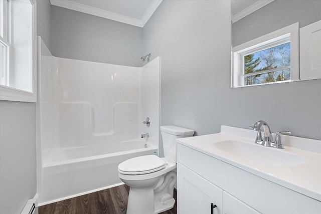 full bathroom featuring vanity, a baseboard heating unit, crown molding, and hardwood / wood-style flooring