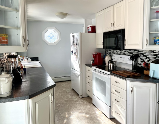 kitchen featuring sink, baseboard heating, white range with electric stovetop, white cabinets, and decorative backsplash