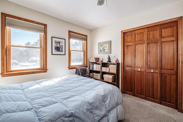 bedroom featuring carpet, a closet, and a textured ceiling