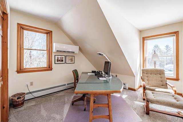 carpeted home office with baseboards, a baseboard radiator, vaulted ceiling, baseboard heating, and a wall mounted AC