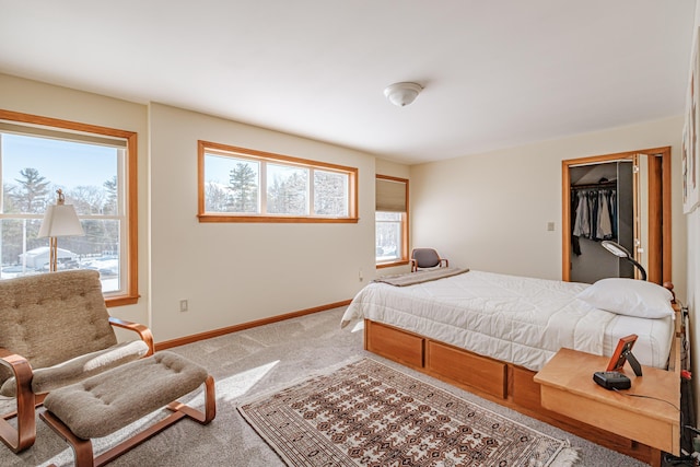 bedroom with a walk in closet, light carpet, and baseboards