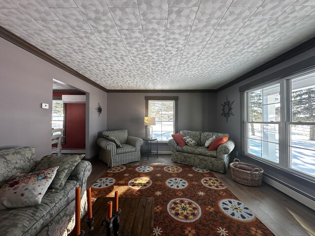 28 Grendell Rd, Mapleton, ME 04757 - living room with baseboard heating, ornamental molding, and wood-type flooring