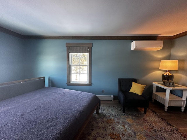 28 Grendell Rd, Mapleton, ME 04757 - bedroom featuring baseboard heating, ornamental molding, dark hardwood / wood-style floors, and an AC wall unit