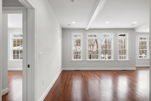 interior space with dark wood-style floors, recessed lighting, visible vents, beamed ceiling, and baseboards