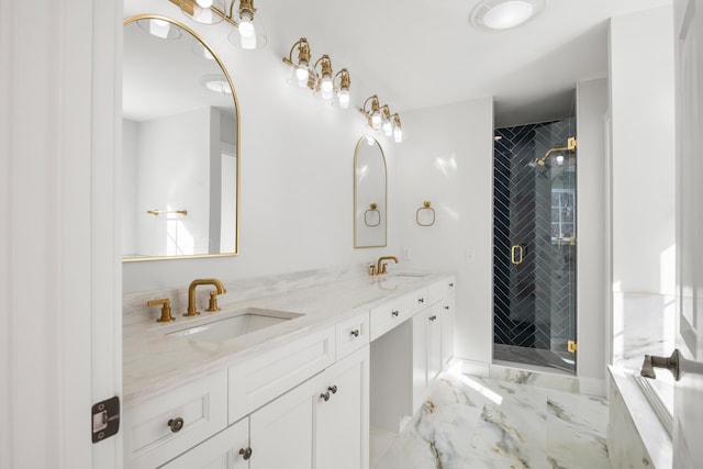 bathroom featuring marble finish floor, double vanity, a sink, and a shower stall