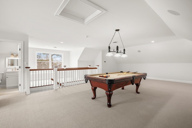 game room with light carpet, attic access, vaulted ceiling, and recessed lighting