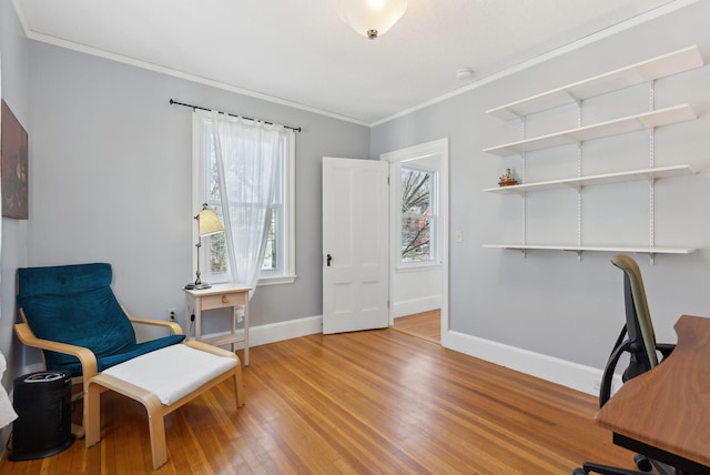 office space with a wealth of natural light, baseboards, light wood-style flooring, and crown molding