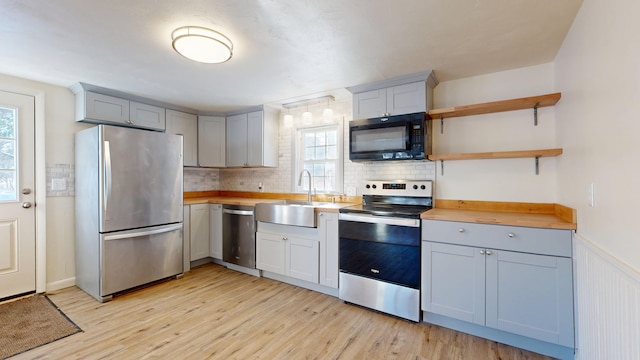 kitchen with sink, butcher block countertops, stainless steel appliances, light hardwood / wood-style floors, and decorative backsplash