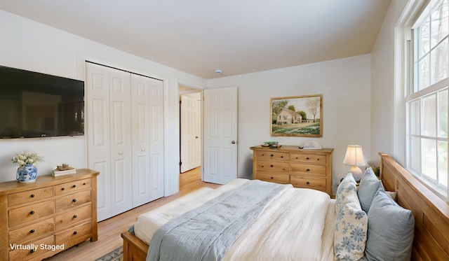 bedroom with multiple windows, light hardwood / wood-style floors, and a closet