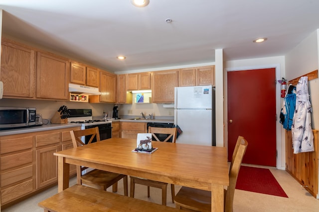 kitchen featuring white refrigerator, sink, and range with gas stovetop