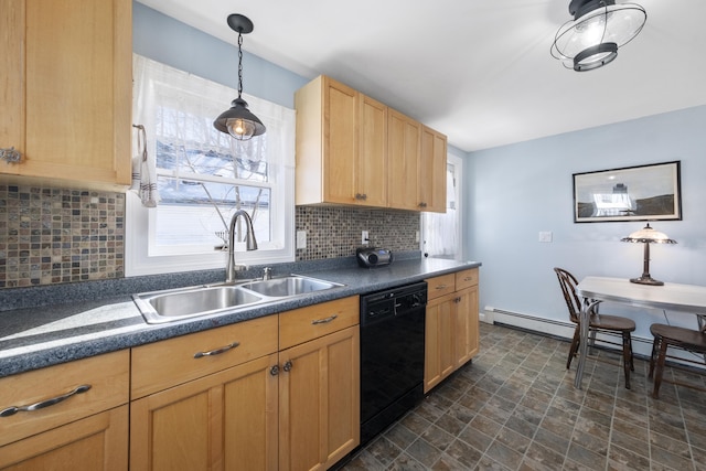 kitchen with pendant lighting, a sink, black dishwasher, dark countertops, and decorative backsplash