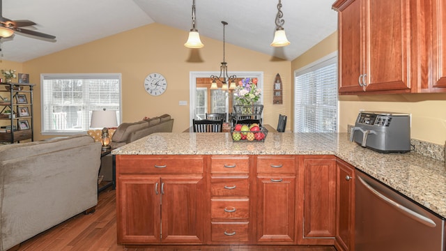 kitchen featuring dark wood finished floors, dishwasher, open floor plan, light stone countertops, and pendant lighting