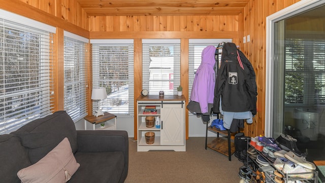 sitting room featuring wood walls, carpet, and wood ceiling