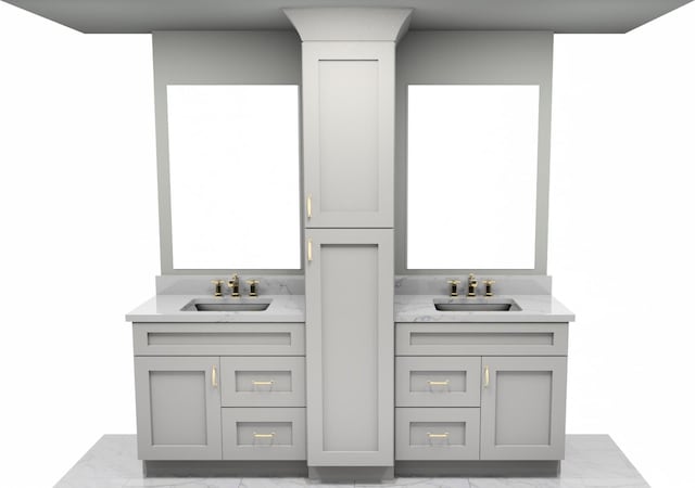 bathroom featuring marble finish floor, two vanities, and a sink