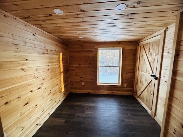 additional living space with wood walls, dark hardwood / wood-style flooring, and wooden ceiling