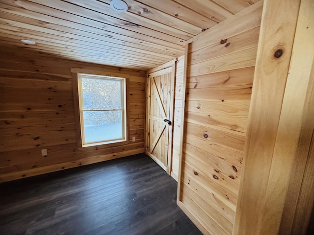 empty room featuring wooden walls, dark hardwood / wood-style flooring, and wooden ceiling