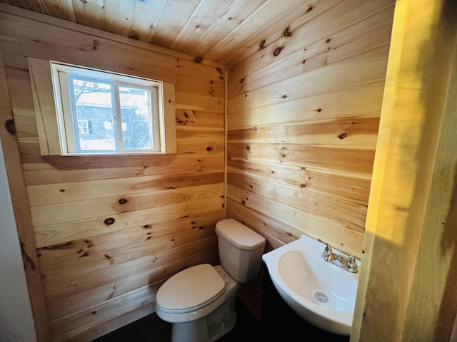 bathroom with sink, wooden ceiling, toilet, and wood walls